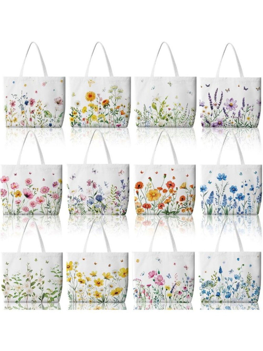 12 Pcs Floral Canvas Tote Bags for Women - Reusable Wildflower Shopping Bags